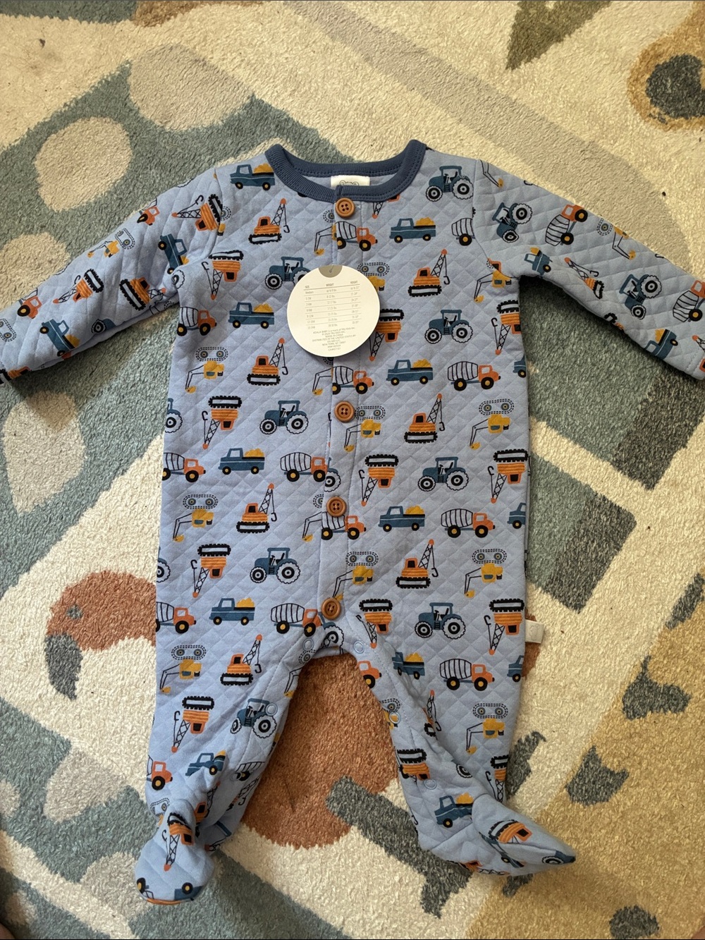 Blue Quilted Construction-Print Footed One-Piece